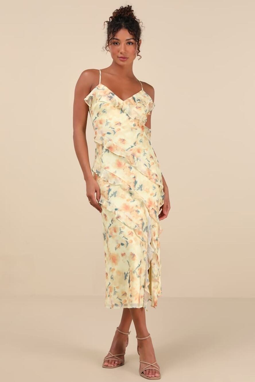 NWT Lulus Sz XL Dreamy Personality Yellow Floral Ruffled Sleeveless Midi Dress